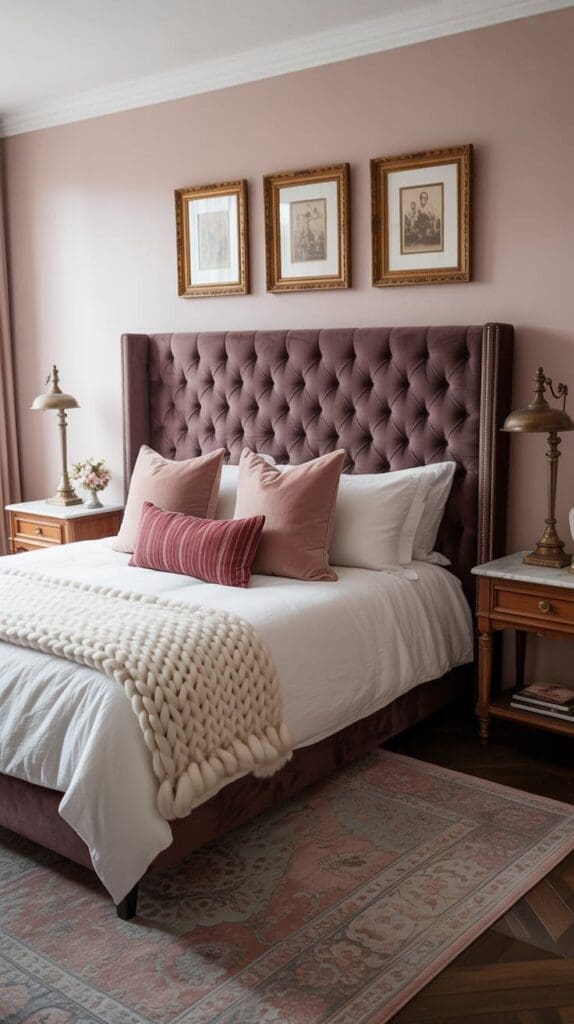 A cozy pink and burgundy bedroom with a tufted velvet headboard, pink and white bedding, a chunky knit throw, two vintage nightstands with brass lamps, and three framed pictures on a blush pink wall. A patterned rug lies on the floor.