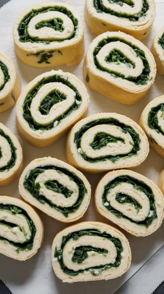 Slices of rolled dough filled with spinach and cheese are arranged on a parchment-lined surface, showcasing their green and white spiral pattern.