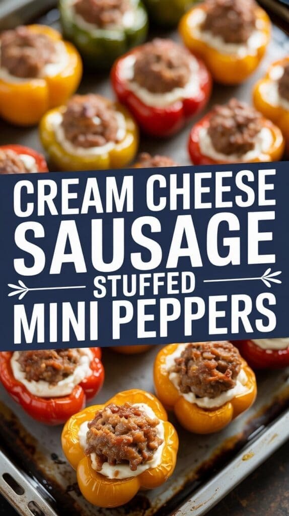 Colorful mini bell peppers stuffed with cream cheese and sausage arranged on a baking sheet. A bold label in the center reads, “Cream Cheese Sausage Stuffed Mini Peppers.”.
