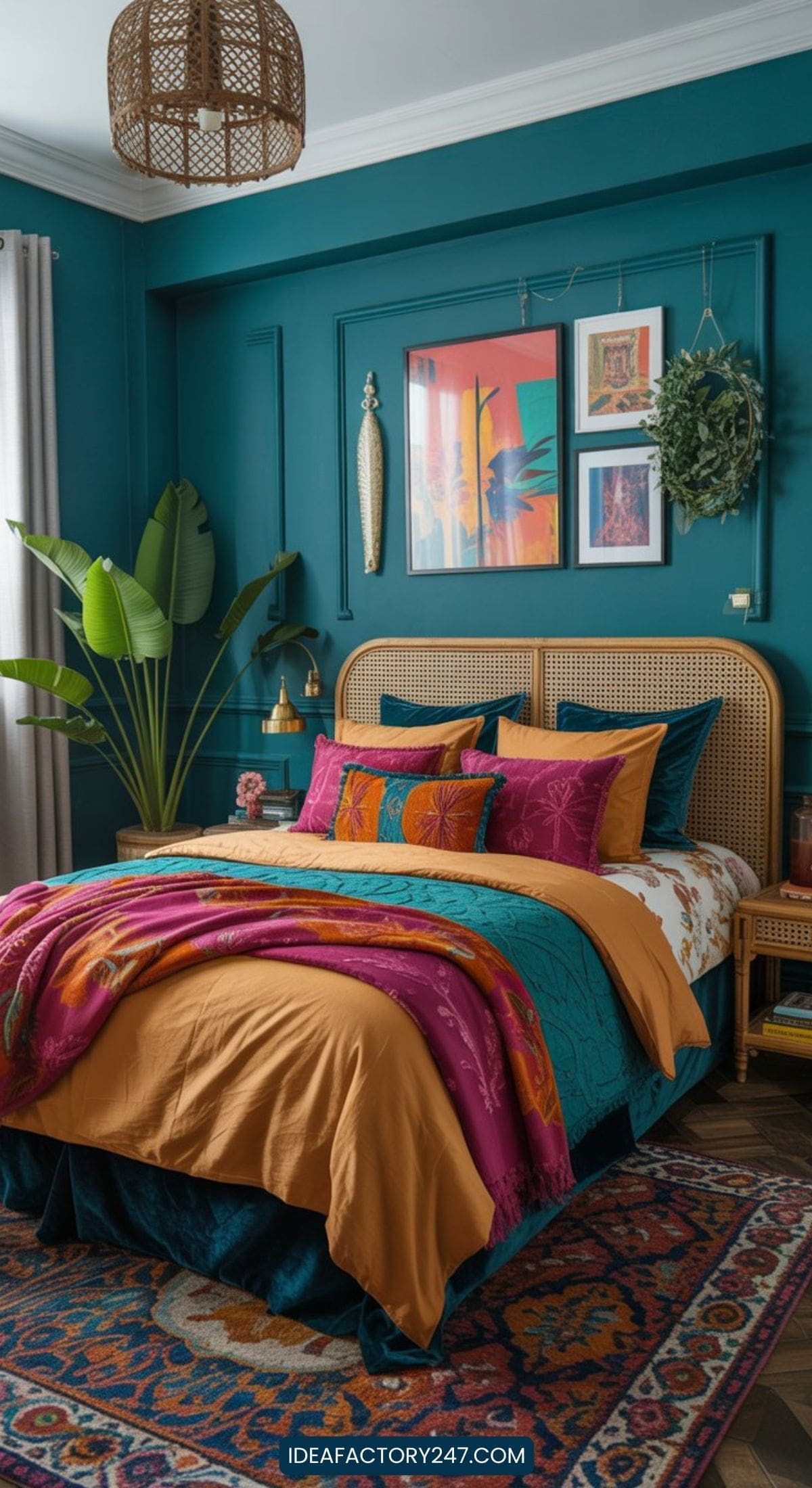 A colorful bedroom with teal walls, a rattan headboard, vibrant bedding in orange, teal, and magenta, framed art above the bed, a large potted plant, and natural light from a window on the left.