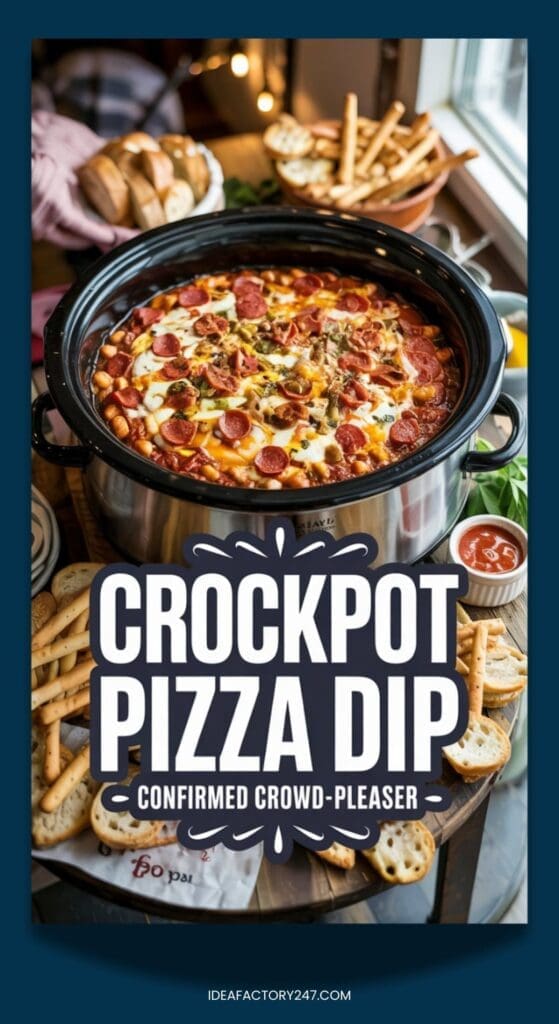 A crockpot filled with cheesy crockpot pizza dip topped with pepperoni sits on a table surrounded by breadsticks, crackers, and sliced bread. Text on the image reads: “Crockpot Pizza Dip - Confirmed Crowd-Pleaser.”.