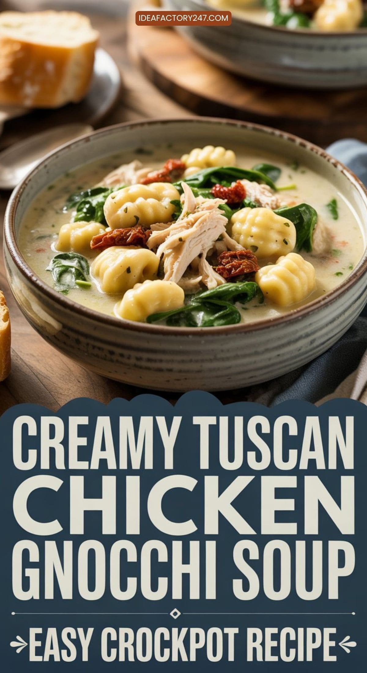 A bowl of creamy Tuscan chicken gnocchi soup with spinach and sun-dried tomatoes, served with bread. Text reads: Creamy Tuscan Chicken Gnocchi Soup—an easy favorite among crockpot soup recipes.