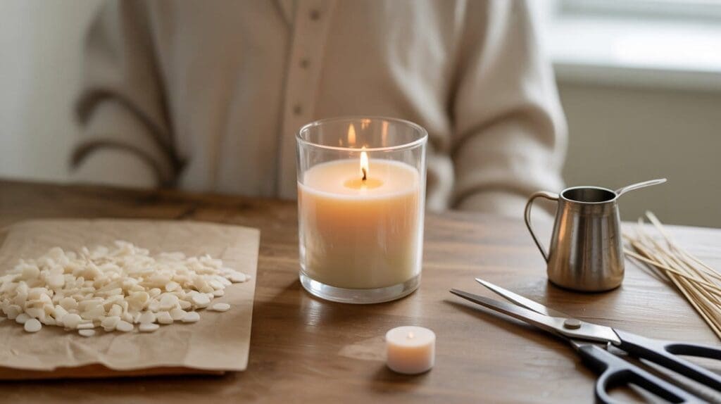 A person sits at a wooden table with a lit candle in a glass jar, surrounded by candle-making supplies, wax pellets, and wicks—perhaps troubleshooting why their DIY candle isn’t working as planned.