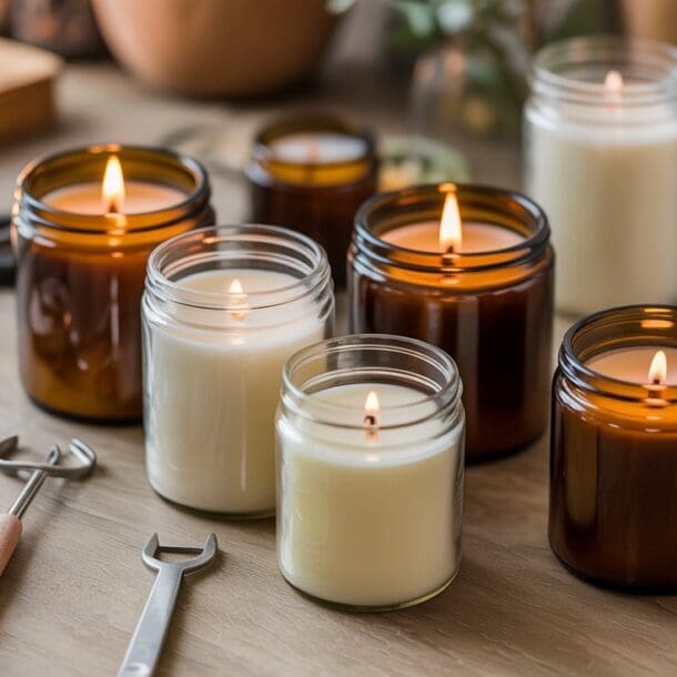 A variety of lit white candles in clear and amber glass jars are arranged on a wooden table, surrounded by wick trimmers, candle snuffers, and other tools—perfect for troubleshooting when your DIY candle isn’t working.