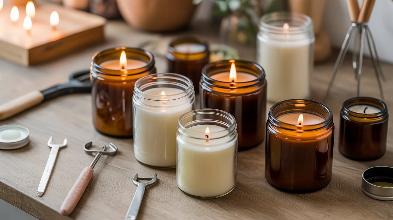 A variety of lit white candles in clear and amber glass jars are arranged on a wooden table, surrounded by wick trimmers, candle snuffers, and other tools—perfect for troubleshooting when your DIY candle isn’t working.