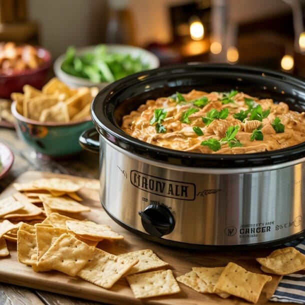 A slow cooker filled with creamy dip, garnished with herbs, sits on a rustic table surrounded by crackers, celery sticks, chips, and bowls of sauces, creating a cozy and inviting appetizer spread.
