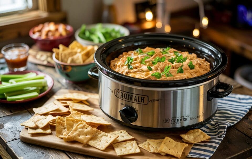 A slow cooker filled with creamy dip, garnished with herbs, sits on a rustic table surrounded by crackers, celery sticks, chips, and bowls of sauces, creating a cozy and inviting appetizer spread.