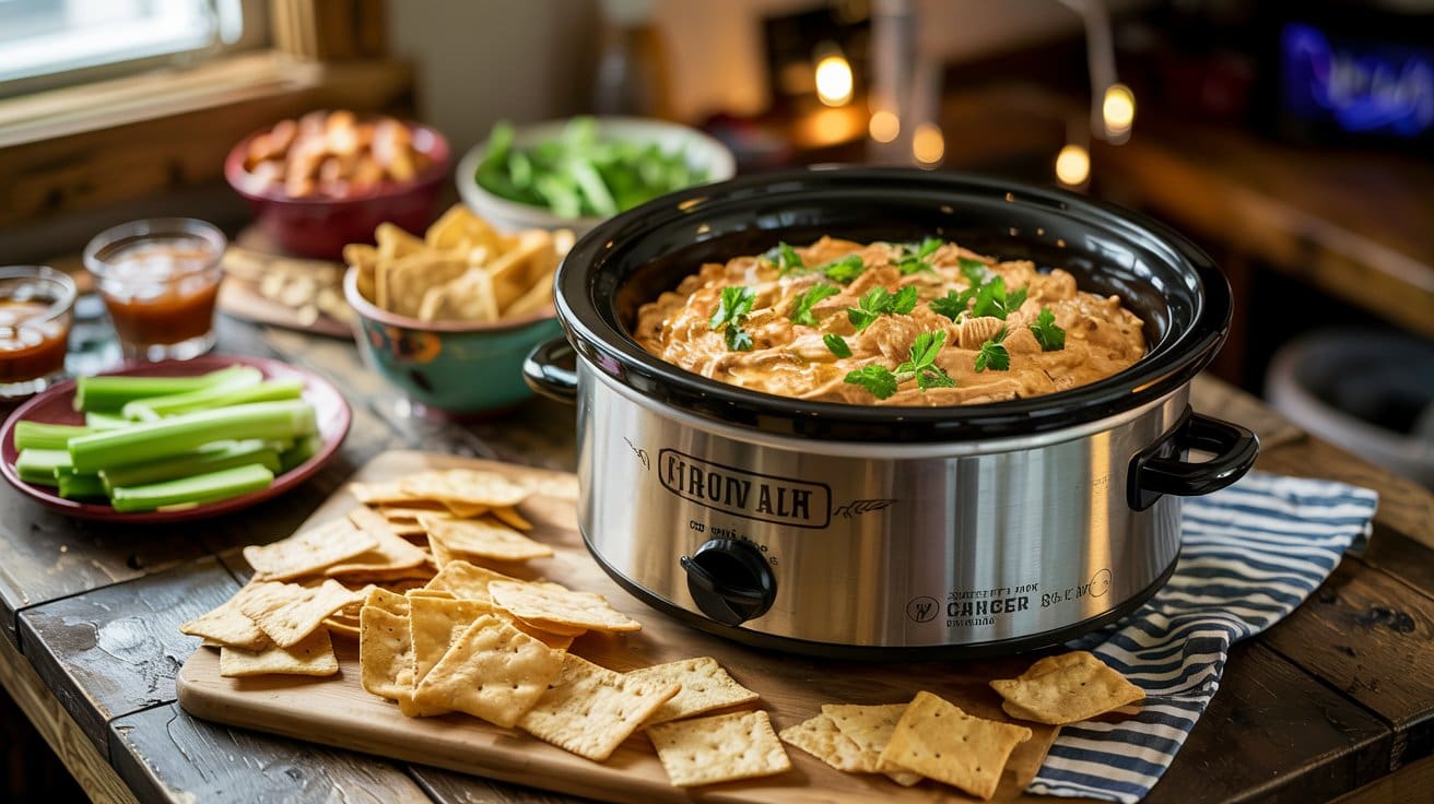 A slow cooker filled with creamy dip, garnished with herbs, sits on a rustic table surrounded by crackers, celery sticks, chips, and bowls of sauces, creating a cozy and inviting appetizer spread.