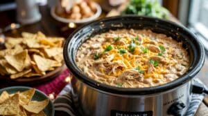 A slow cooker filled with creamy chicken chili topped with shredded cheese and fresh herbs, surrounded by tortilla chips on a wooden table.