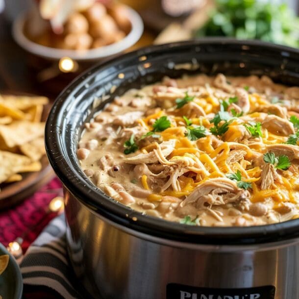 A slow cooker filled with creamy chicken chili topped with shredded cheese and fresh herbs, surrounded by tortilla chips on a wooden table.
