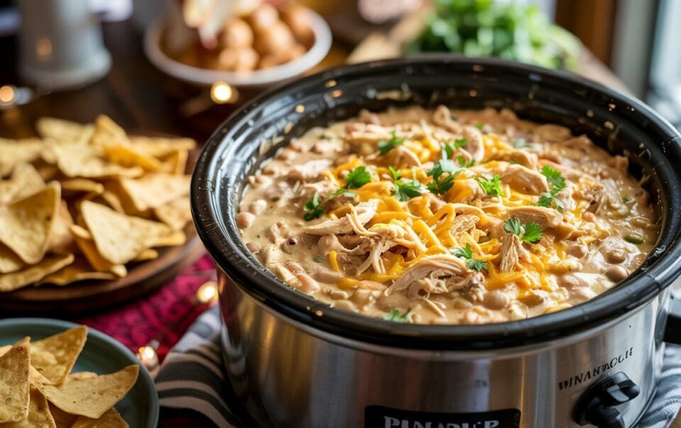 A slow cooker filled with creamy chicken chili topped with shredded cheese and fresh herbs, surrounded by tortilla chips on a wooden table.