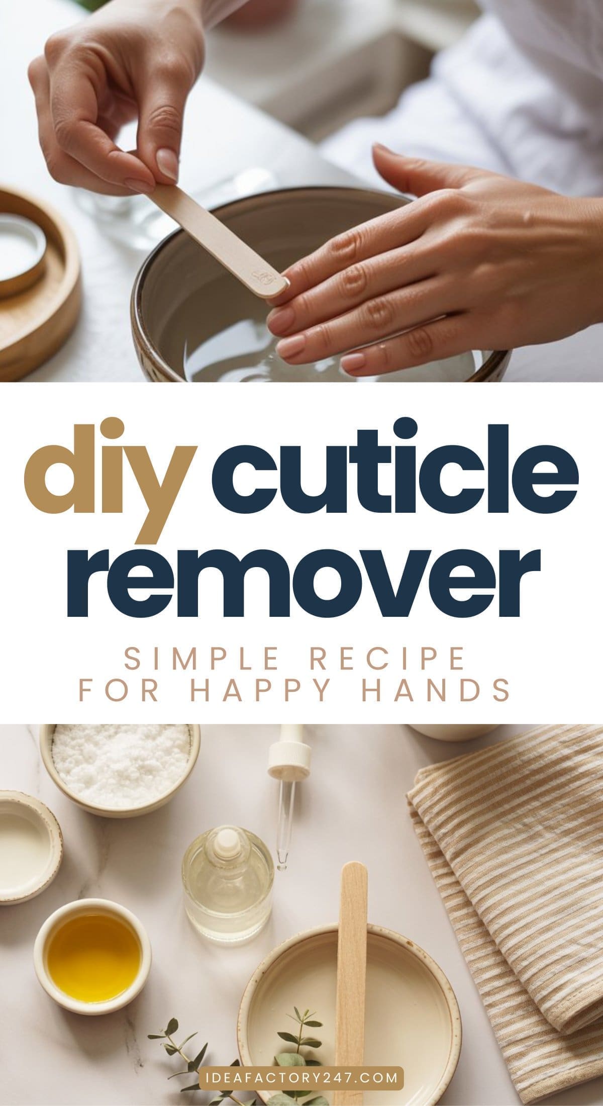 A person uses a wooden stick to mix ingredients in a bowl. Below, the text reads “DIY cuticle remover—simple recipe for happy hands.” Various ingredients, bowls, and a striped towel are arranged on a table.
