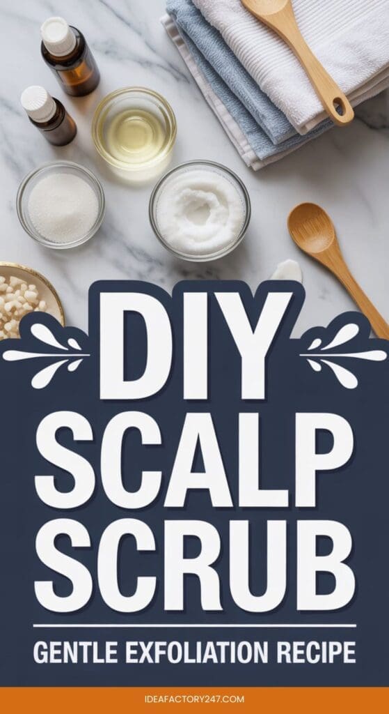 A flat lay of bottles, bowls with oil, sugar, and salt, wooden spoons, and folded towels. Large text reads, DIY scalp scrub: gentle exfoliation recipe for healthy hair care.