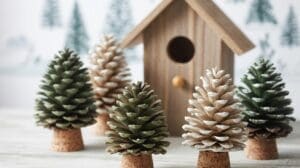 Five pinecones painted green and white stand upright on cork bases, resembling miniature Christmas trees, in front of a small wooden birdhouse. The background features blurred images of evergreen trees.