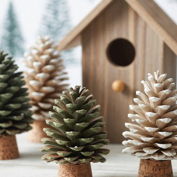 Five pinecones painted green and white stand upright on cork bases, resembling miniature Christmas trees, in front of a small wooden birdhouse. The background features blurred images of evergreen trees.