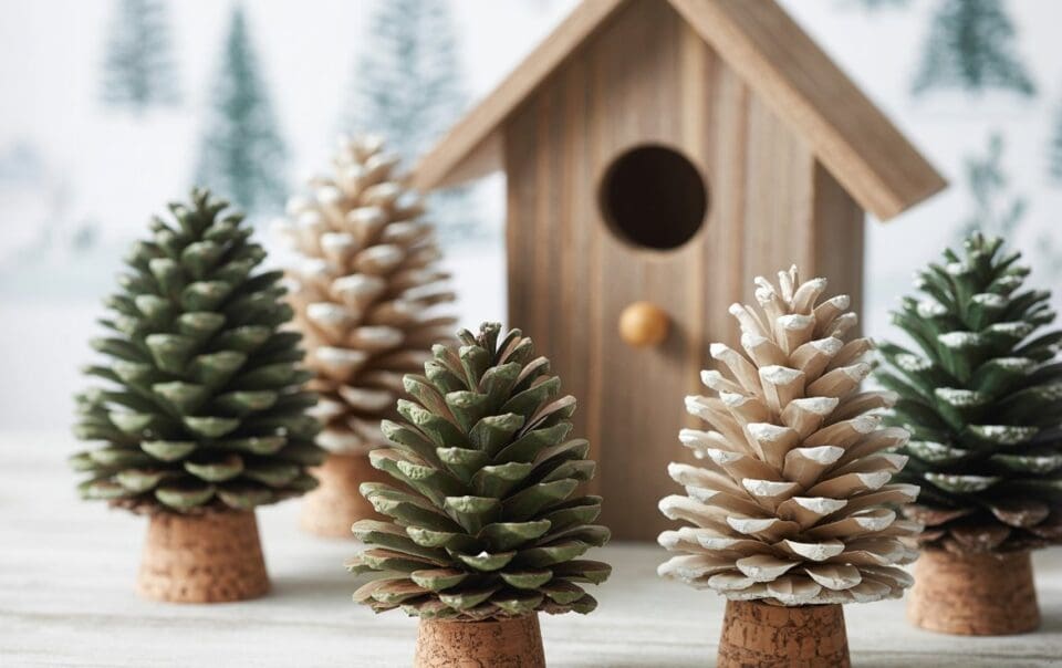 Five pinecones painted green and white stand upright on cork bases, resembling miniature Christmas trees, in front of a small wooden birdhouse. The background features blurred images of evergreen trees.
