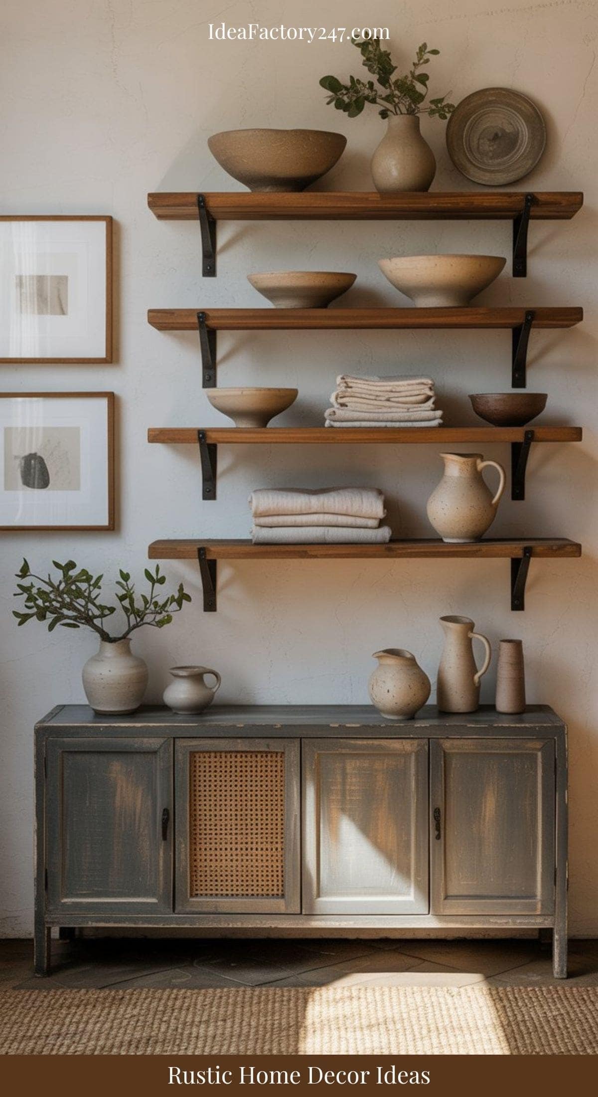 A rustic home interior featuring wooden shelves with pottery, bowls, folded linens, and plants above a vintage wooden sideboard. Neutral tones and framed wall art create a cozy, earthy atmosphere.