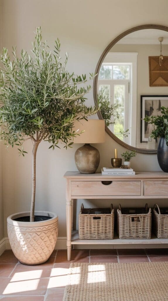 A light-filled entryway features spring entryway decor, including a large potted plant, a round mirror above a wooden console table, a table lamp, decor items, and three wicker baskets below. Natural tones and greenery create a welcoming feel.