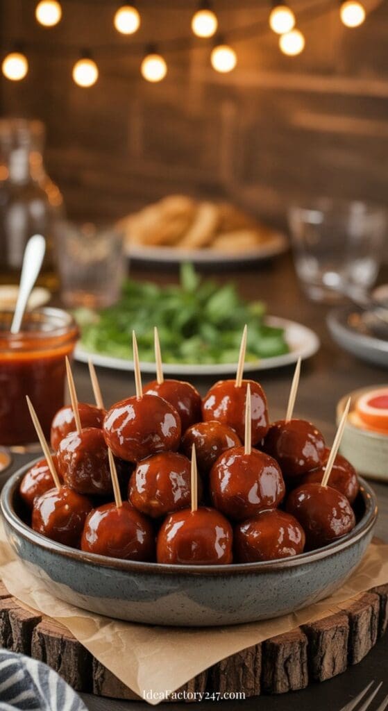 A bowl filled with glazed meatballs on toothpicks sits on a wooden board, surrounded by dips and greens, with warm string lights and a cozy dining setup in the background.