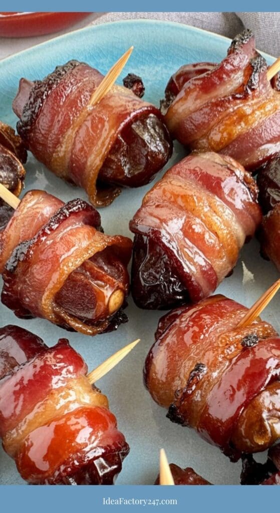 Close-up of bacon-wrapped dates secured with toothpicks, arranged on a blue plate. The bacon is golden and glazed, giving the appetizer a shiny, caramelized appearance.