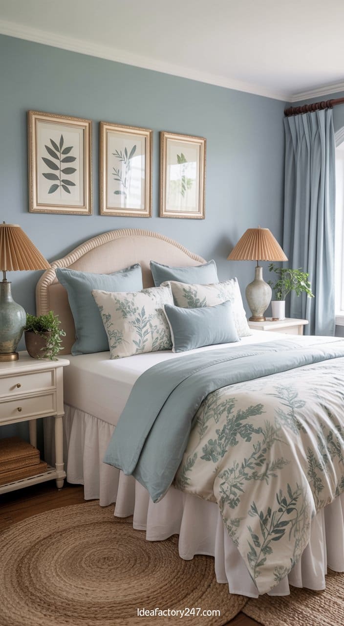 A cozy bedroom with blue walls, a bed with blue and white botanical bedding, two wooden nightstands with lamps, potted plants, and three framed botanical prints above the headboard.