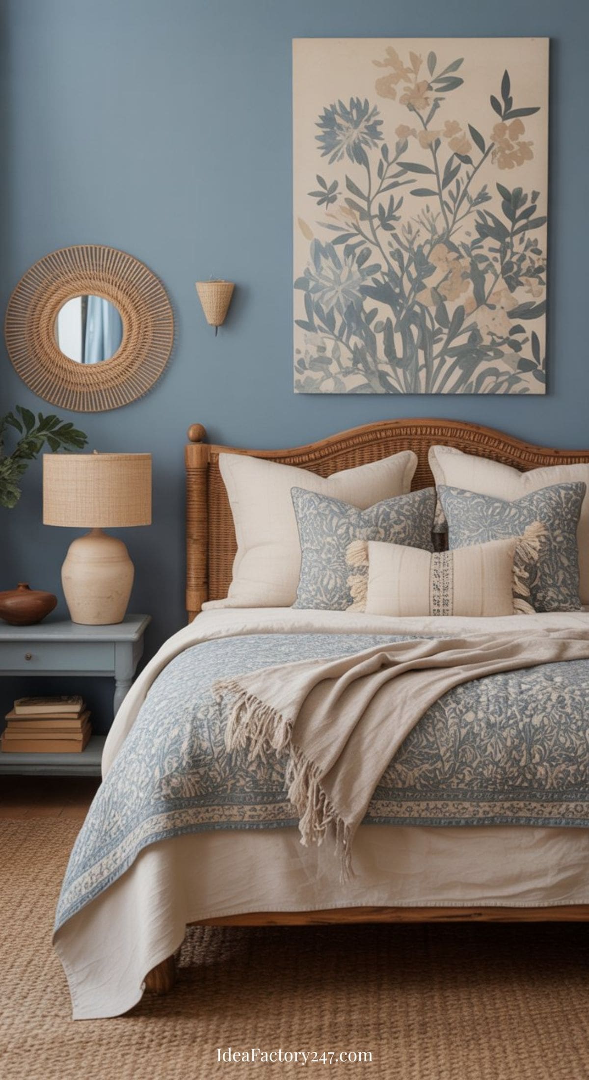A cozy bedroom with a wicker bed, blue and beige bedding, a blue nightstand, a rattan lamp, a circular woven mirror, wall art with floral design, and a woven rug on the floor.