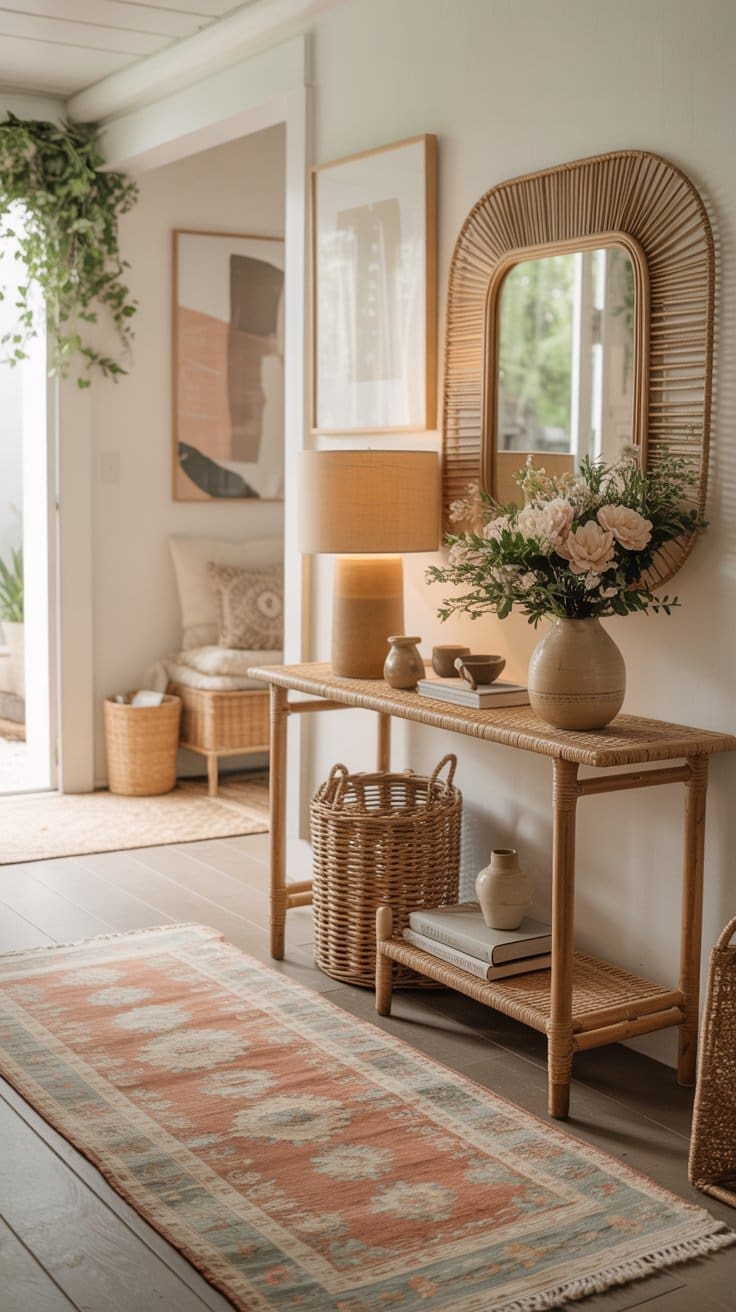 A cozy spring entryway decor features a woven console table, large round mirror, ceramic lamp, vase of flowers, wicker baskets, books, and an orange patterned rug; soft natural light fills the neutral-toned space.
