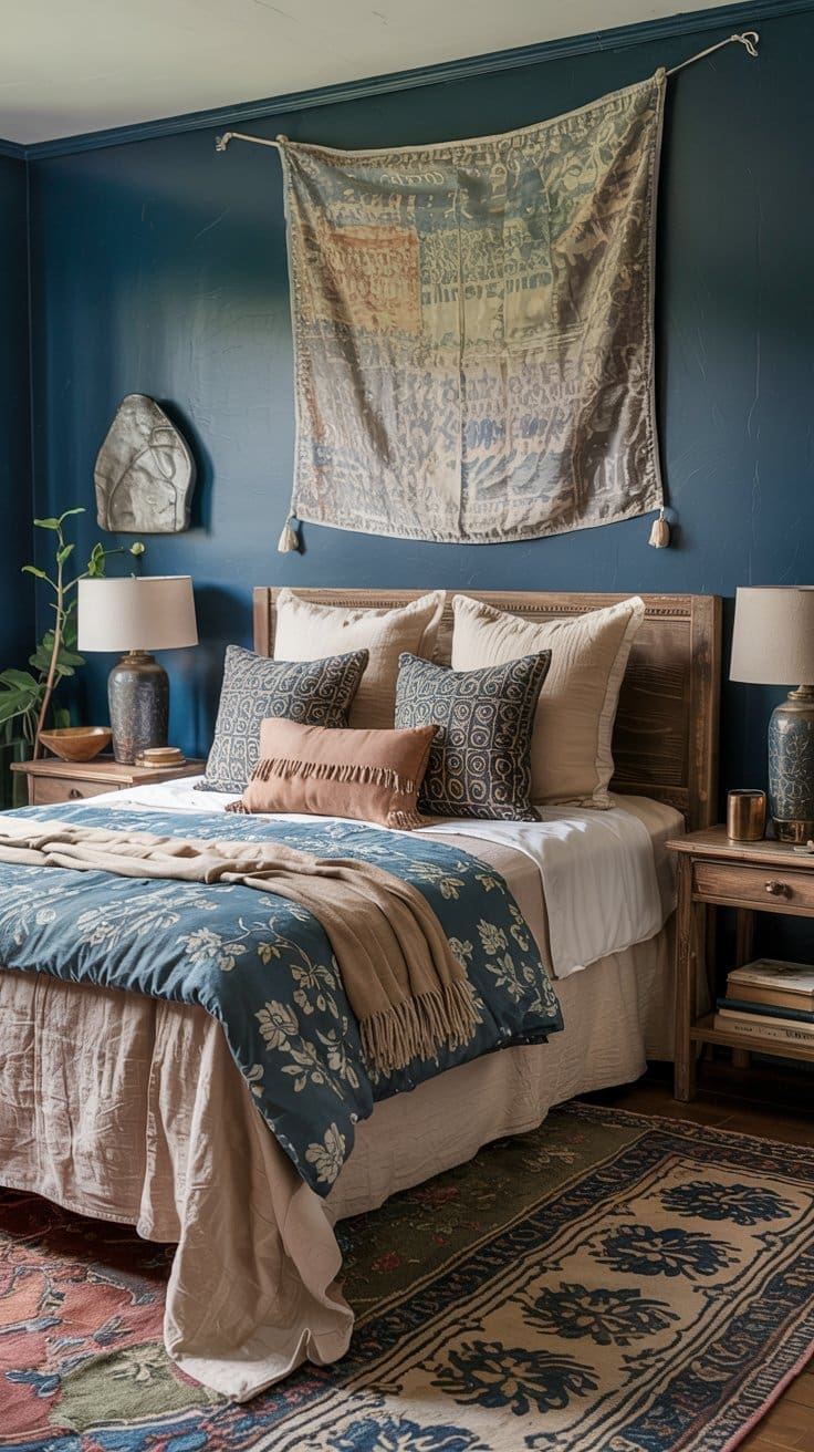 A cozy bedroom with a wooden bed, layered pillows, blue and beige bedding, two bedside tables with lamps, a tapestry hanging above the bed, plants, and a patterned rug on the floor.