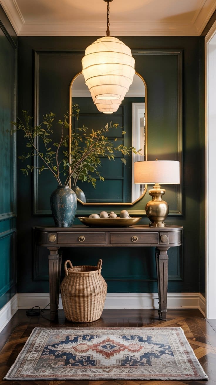 A stylish entryway with dark green paneled walls, a wooden console table holding a blue vase with branches, a gold lamp, a decorative bowl, a large mirror, a wicker basket, and a patterned rug on the floor.