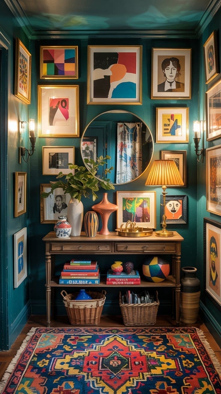 A cozy hallway with teal walls features a gallery of colorful framed artwork, a round mirror, a wooden console table with plants, vases, books, baskets, and a patterned rug in bright, bold colors. Warm lighting enhances the space.