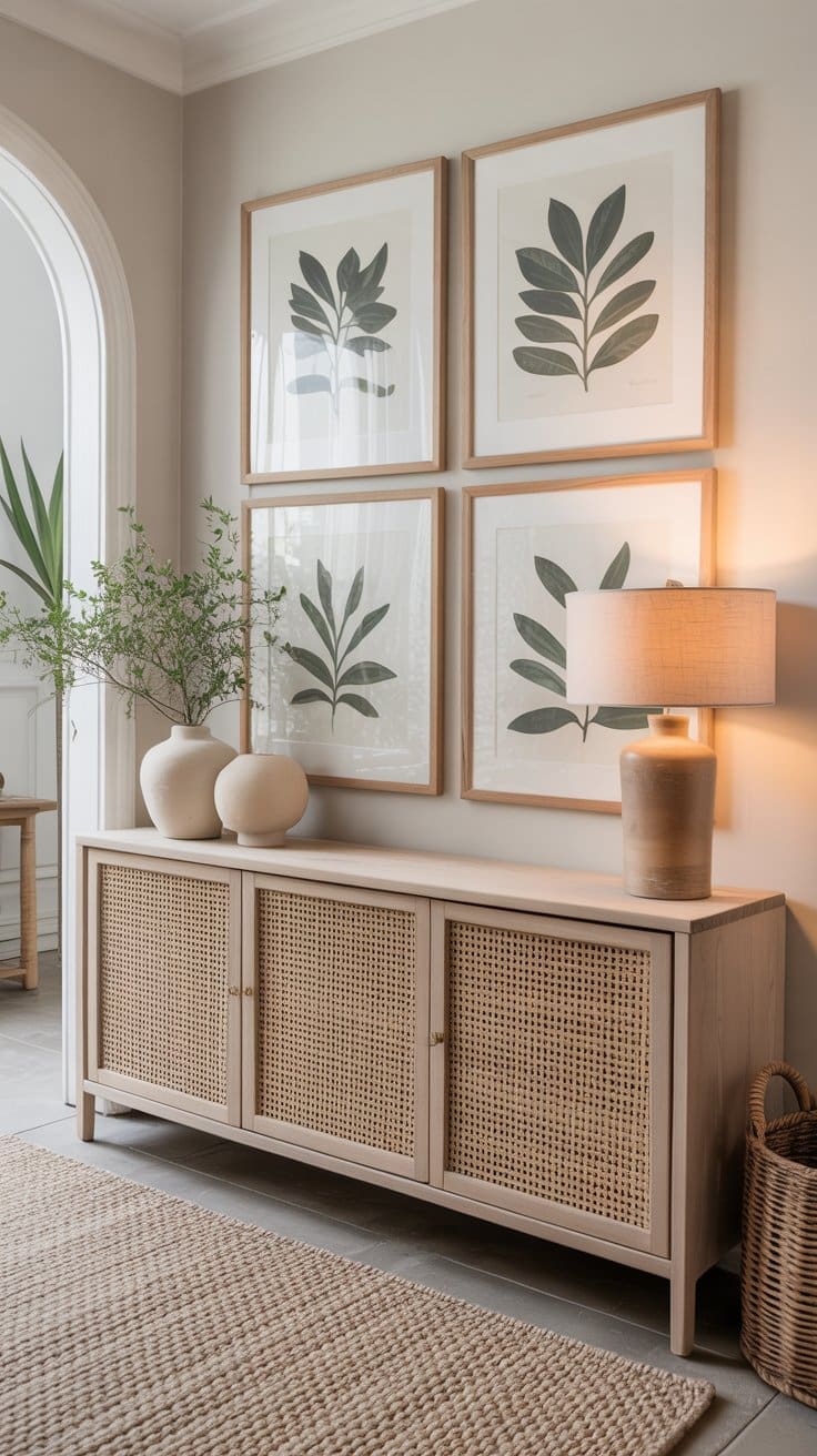 A light wood sideboard with rattan doors stands against a beige wall, topped with ceramic vases and a lamp—creating perfect spring entryway decor. Above, four framed botanical prints hang in a grid, while a woven rug and greenery add natural charm.