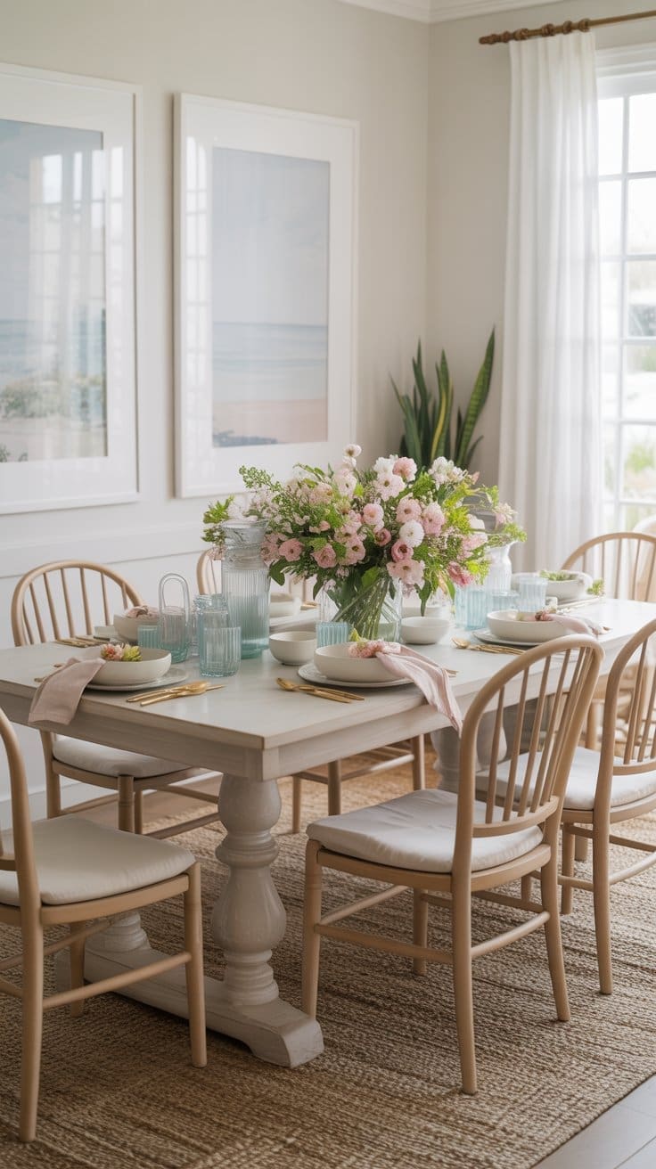 A bright dining room with a white wooden table set for six, light wooden chairs, pastel dishes, a large bouquet of pink flowers as a centerpiece, and sunlight streaming through large windows.