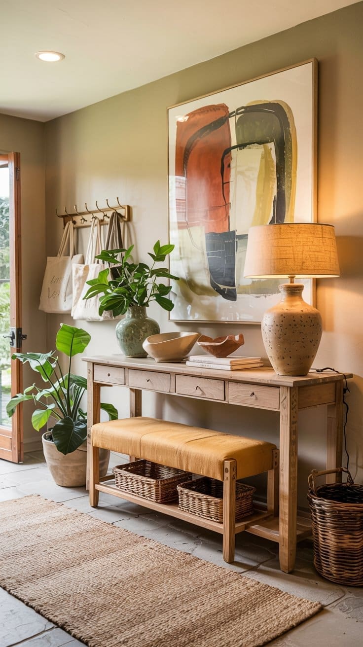 A cozy entryway with a wooden console table, yellow cushioned bench, wicker baskets, potted plants, a table lamp, neutral rug, and a large abstract painting on the wall. Natural light enters through an open door.