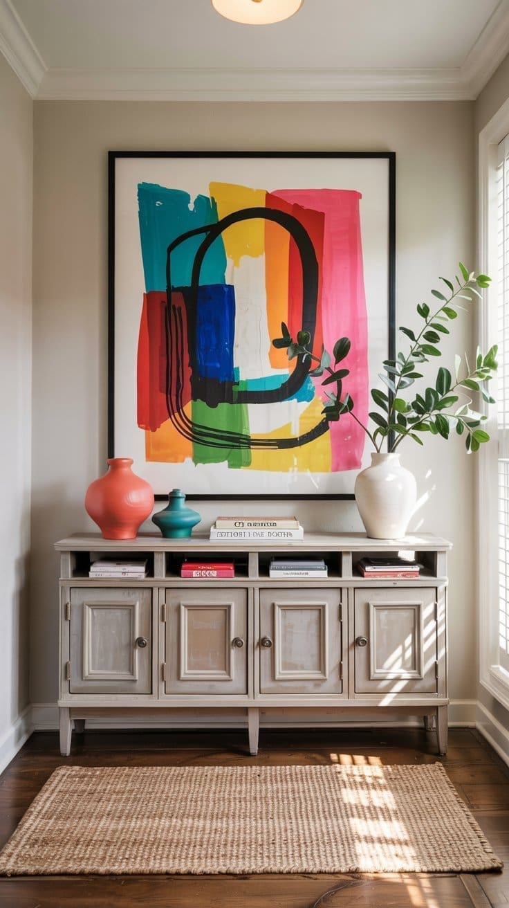 A hallway console table with books and two vases sits beneath a large, colorful abstract painting. A leafy plant in a white vase and sunlight from a nearby window complete the bright, modern decor.