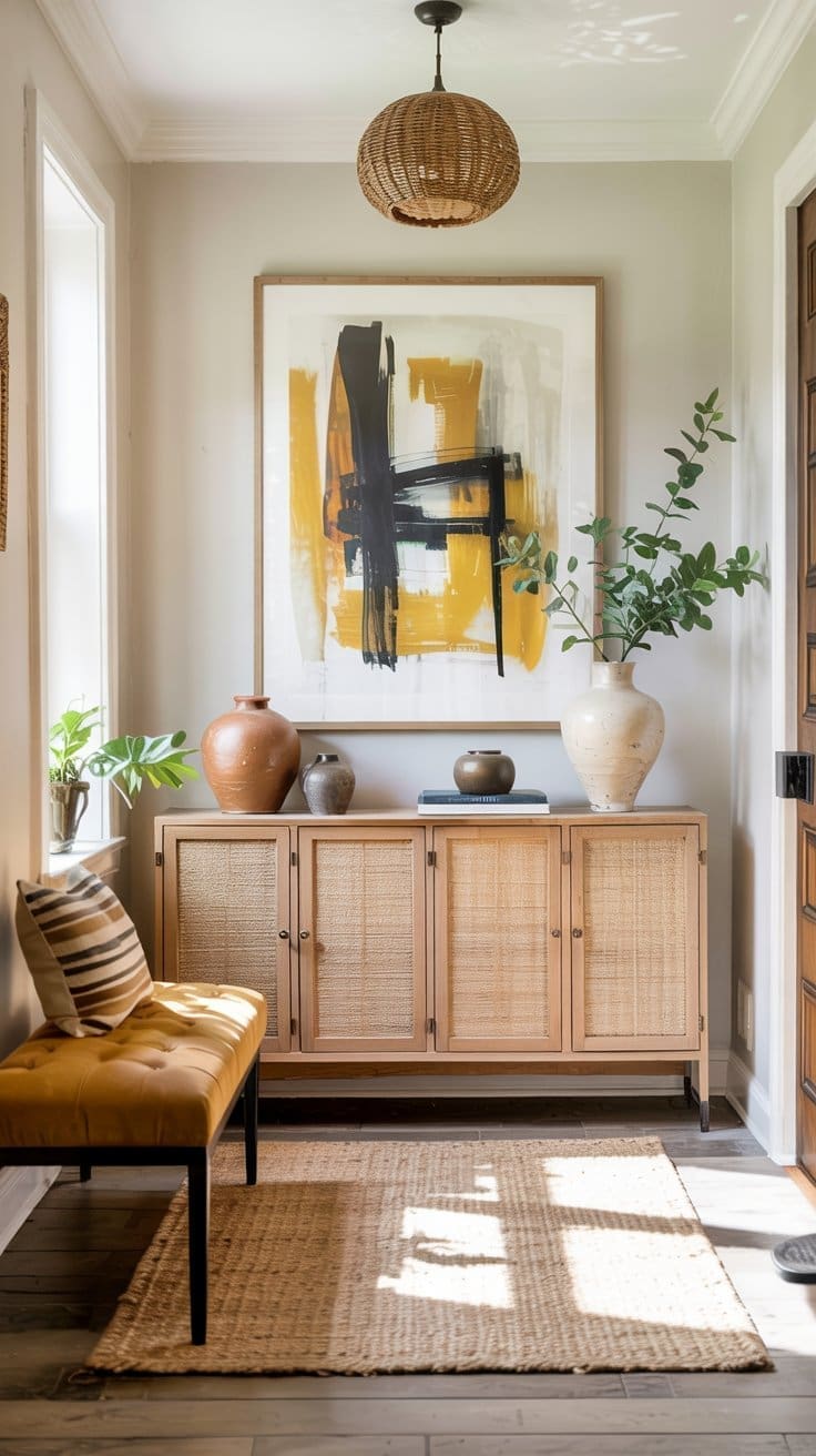 Bright entryway with woven rug, light wood cabinet, and large abstract painting in black and mustard yellow. A mustard cushion bench and ceramic vases with greenery create a warm, welcoming atmosphere. Sunlight streams through a window.