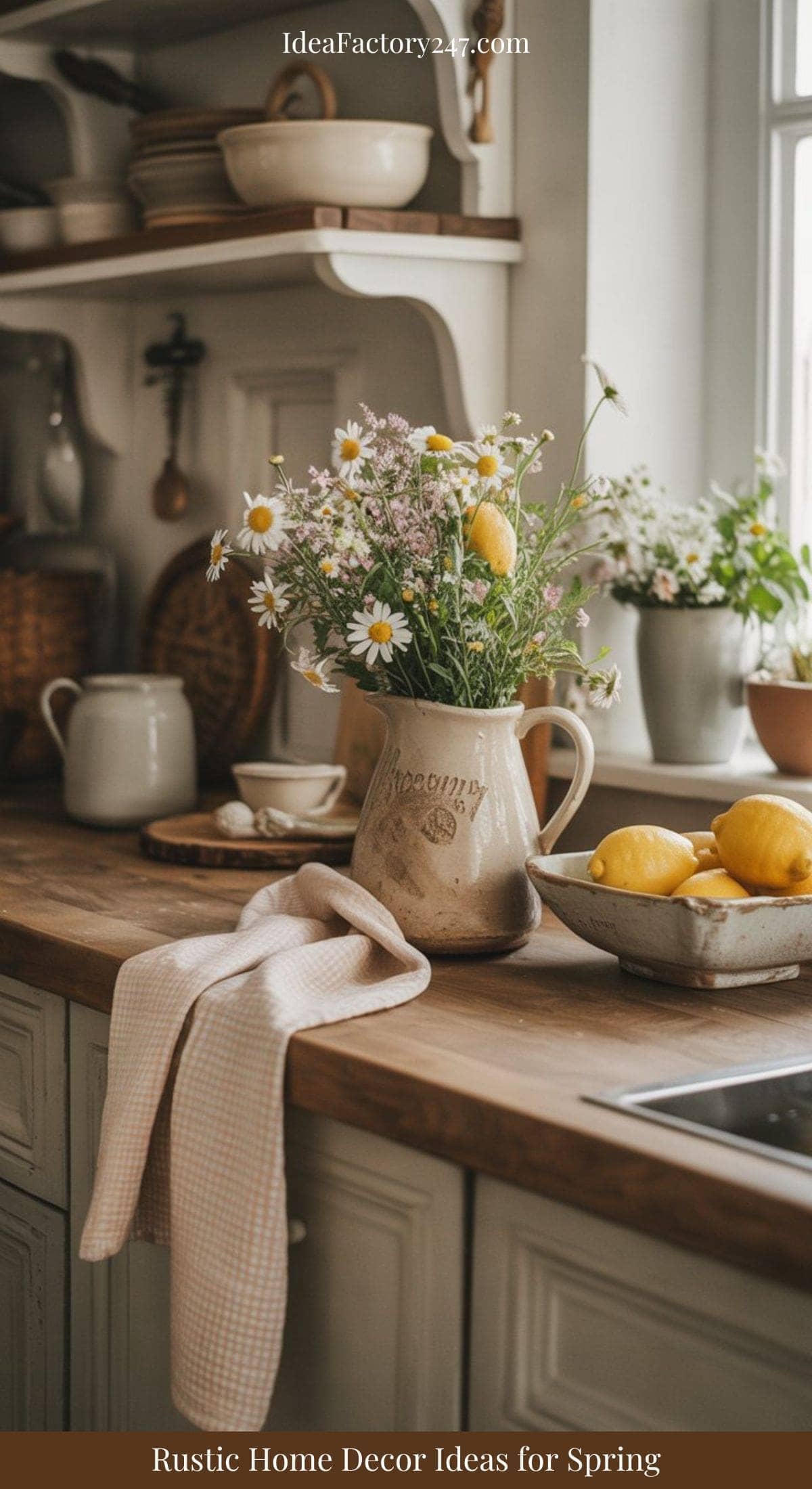 A rustic kitchen with wooden countertops, a checkered towel, a ceramic jug filled with wildflowers, fresh lemons by the sink, and shelves displaying crockery; sunlight streams through the window, creating a cozy spring vibe.