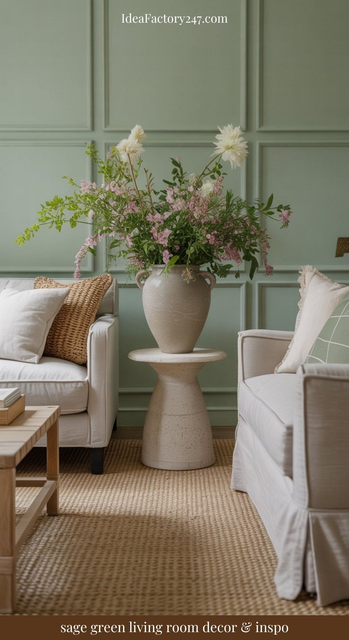 A sage green living room showcases two light sofas, a woven rug, and a large ceramic vase with pink and white flowers on a pedestal table. Text at the bottom reads: sage green living room decor & inspo.