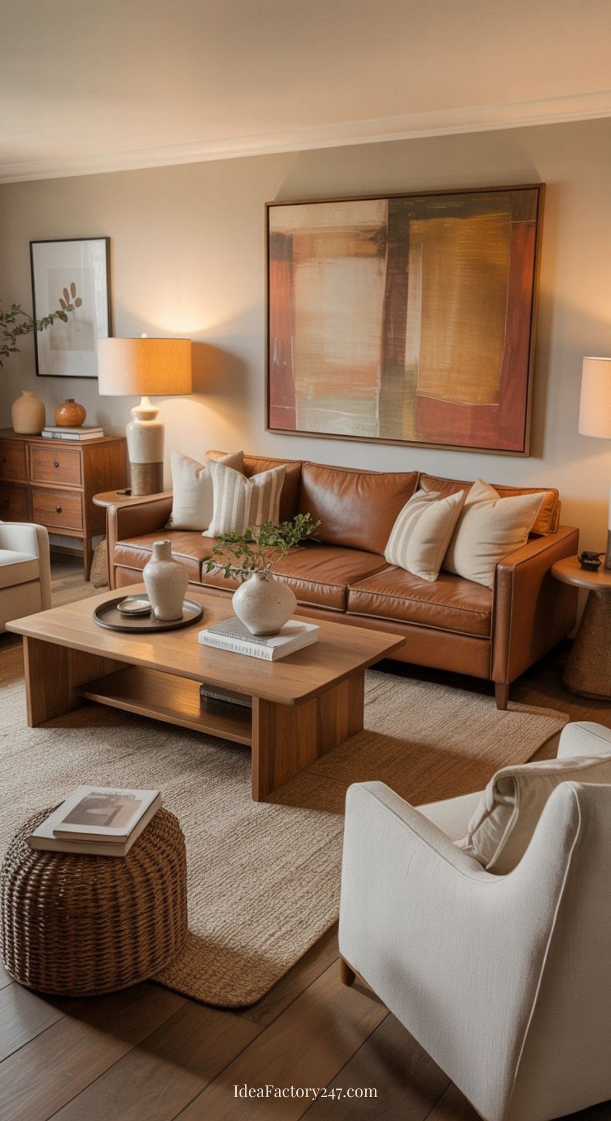 A cozy living room with a brown leather sofa, white armchairs, a wooden coffee table, and a woven ottoman. Neutral decor, large abstract art, and soft lighting create a warm, inviting atmosphere.