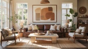 A modern living room with a brown leather sofa, two armchairs, a light rug, a rectangular coffee table, large abstract artwork, and lots of natural light from big windows. Green plants and neutral decor complete the cozy space.