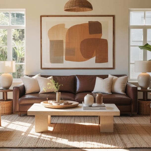 A modern living room with a brown leather sofa, two armchairs, a light rug, a rectangular coffee table, large abstract artwork, and lots of natural light from big windows. Green plants and neutral decor complete the cozy space.