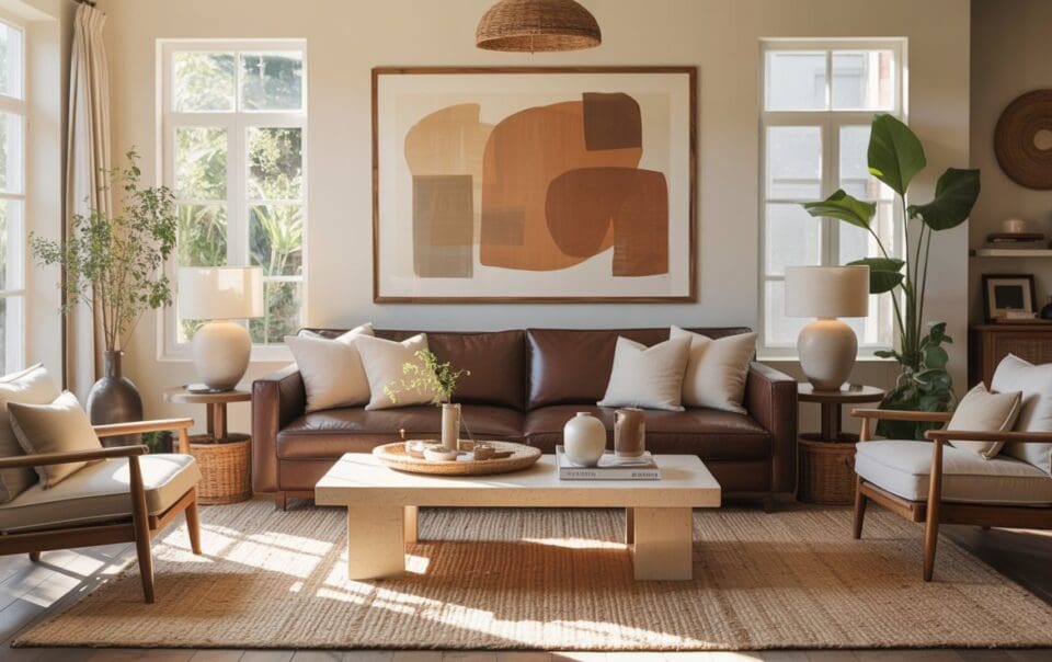 A modern living room with a brown leather sofa, two armchairs, a light rug, a rectangular coffee table, large abstract artwork, and lots of natural light from big windows. Green plants and neutral decor complete the cozy space.