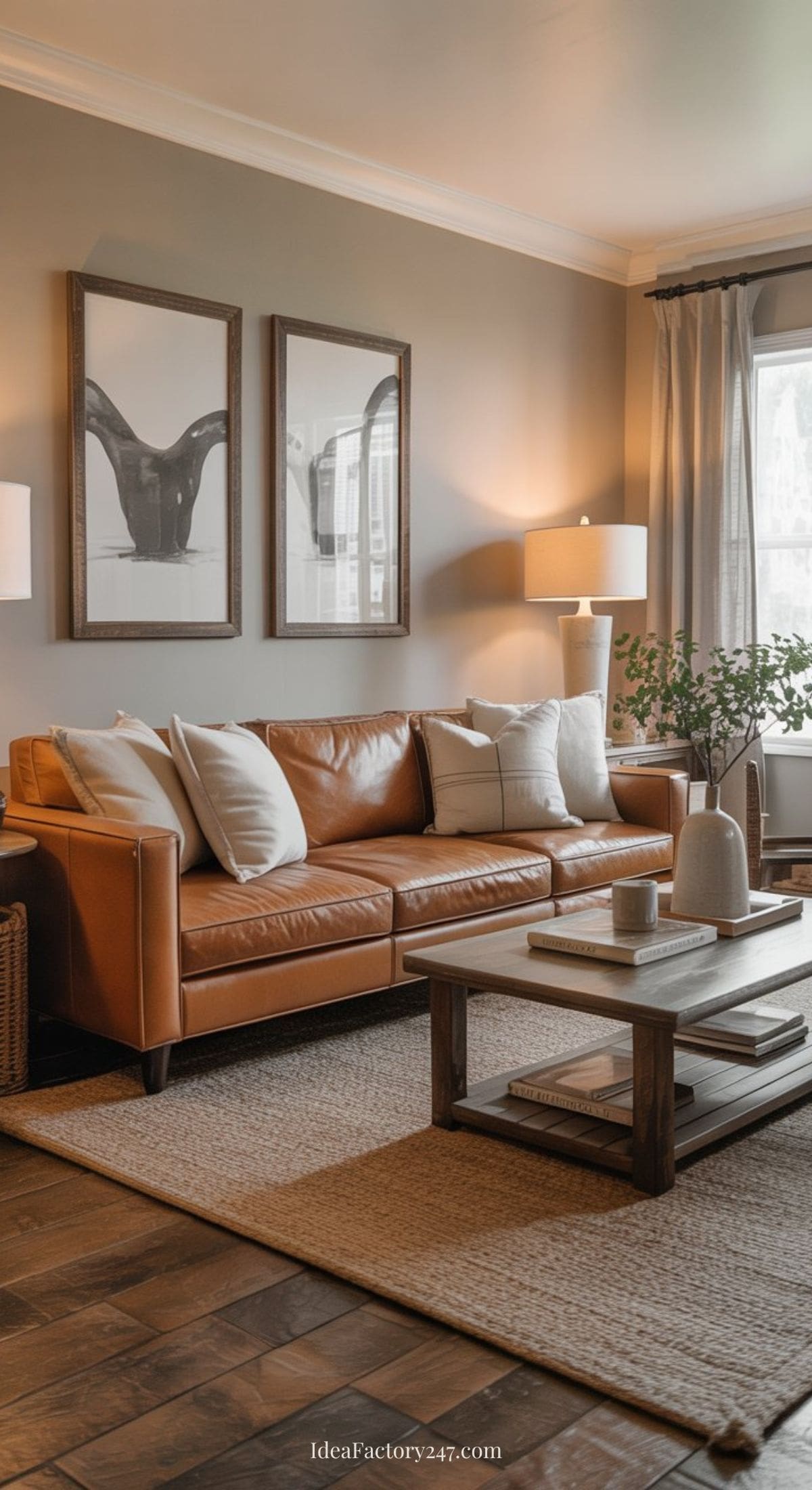 A cozy living room with a brown leather sofa, white pillows, two framed art pieces on the wall, a wooden coffee table with decor, a woven rug, lamps, and a window with light curtains letting in natural light.