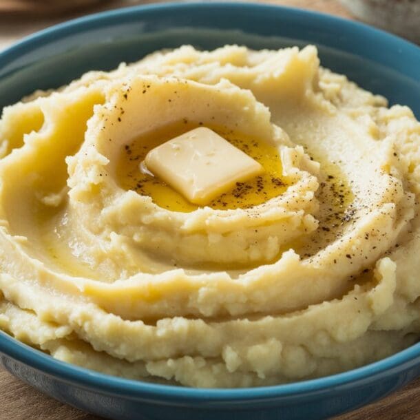 A blue bowl filled with creamy cauliflower mashed potatoes, topped with a pat of melting butter and sprinkled with black pepper, sits on a wooden surface.