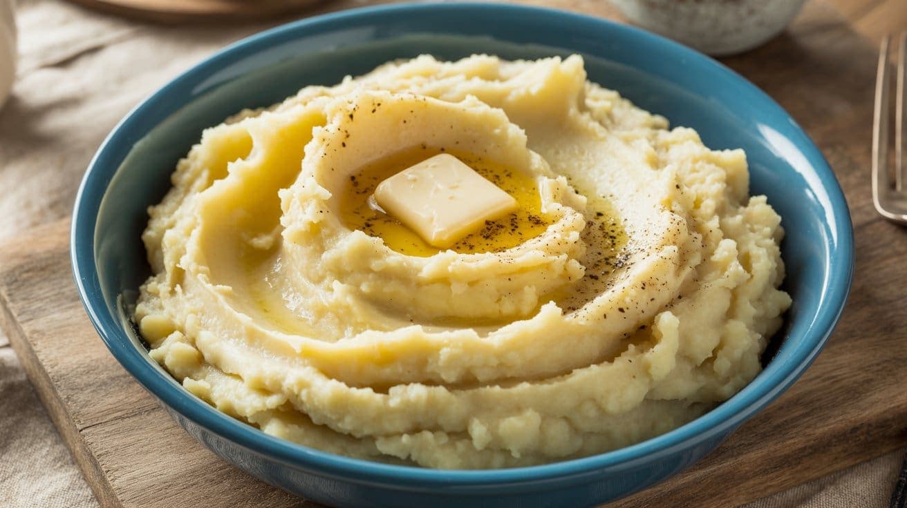 A blue bowl filled with creamy cauliflower mashed potatoes, topped with a pat of melting butter and sprinkled with black pepper, sits on a wooden surface.