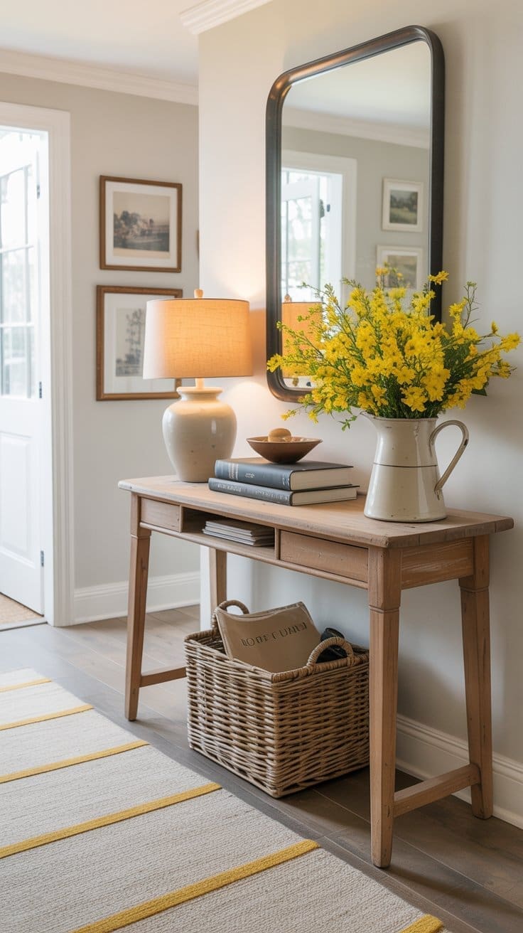 A wooden console table in a bright entryway features spring entryway decor with a lamp, books, and a white pitcher of yellow flowers. A rectangular mirror hangs above, while art and a wicker basket filled with books complete the fresh look.