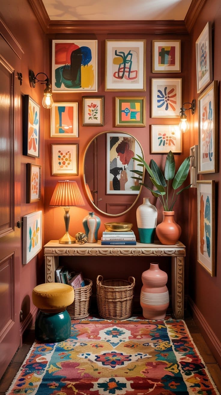 Eclectic hallway with red walls, colorful abstract art gallery, round mirror, table with vases, lamp, books, potted plant, woven baskets underneath, patterned rug, and a green-yellow stool. Warm, cozy lighting.
