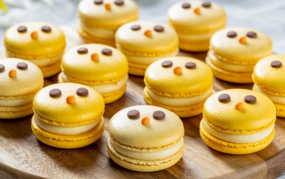 A group of yellow macarons decorated to look like chicks, with small chocolate eyes and orange candy beaks, arranged on a wooden platter.