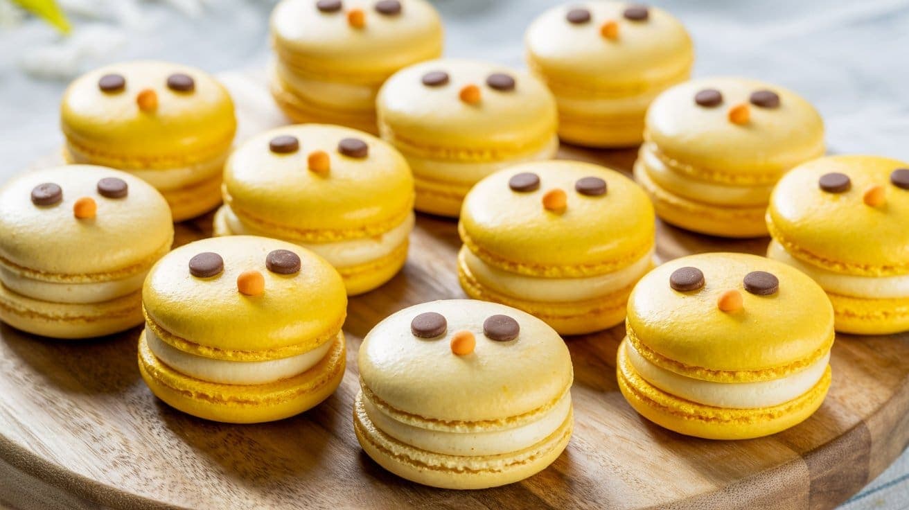 A group of yellow macarons decorated to look like chicks, with small chocolate eyes and orange candy beaks, arranged on a wooden platter.