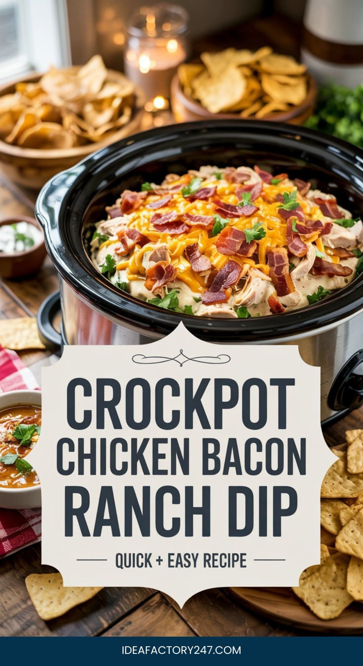 A crockpot filled with creamy chicken bacon ranch dip, topped with melted cheese, bacon bits, and herbs, is surrounded by tortilla chips and bowls of dip in a cozy rustic kitchen setting.