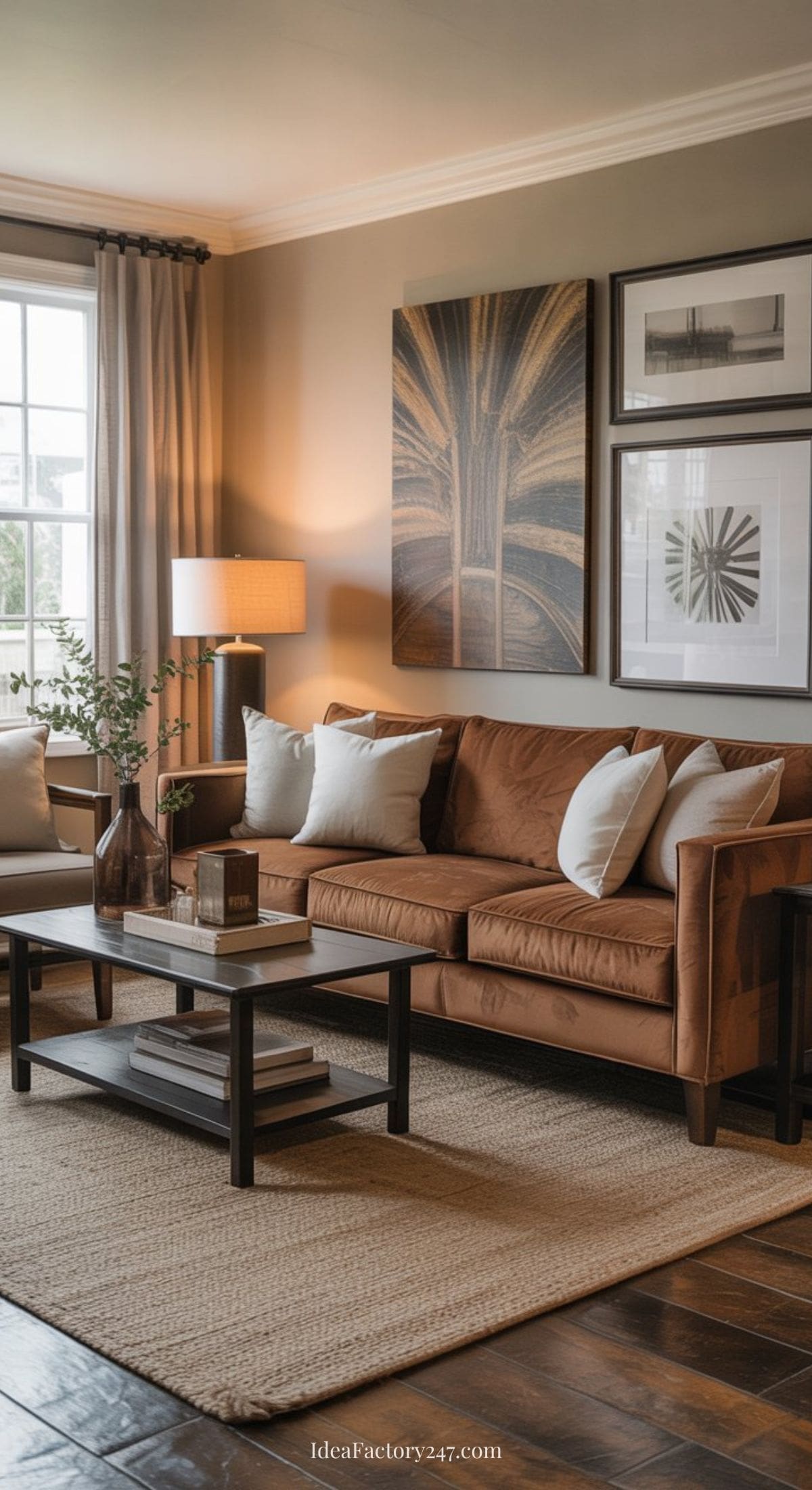 A cozy living room with a brown sofa, white cushions, a wooden coffee table, neutral rug, and wall art. A lamp and decorative vases add warmth, while large windows let in natural light.